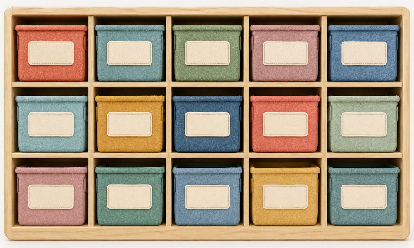 Three felt bins on a wooden shelf: Blocks and Building, Science and Nature, Music and Movement
